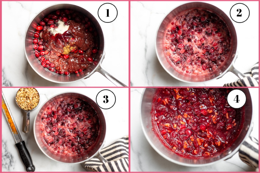 Process shot divided into four quadrants, showing the steps for making the easy cranberry sauce recipe.