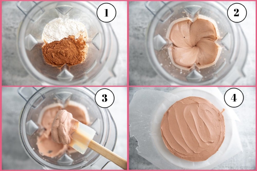 Process shot divided into four quadrants showing how to make Chocolate whipped cream frosting in the Vitamix blender. 