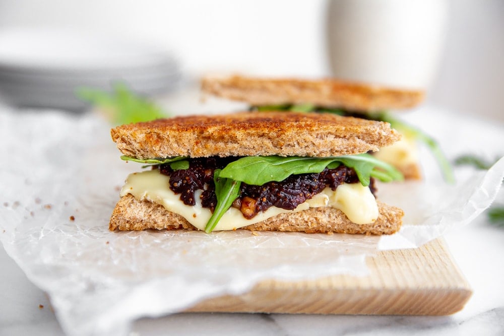 Close up of a grilled cheese sandwich made with fig chutney.