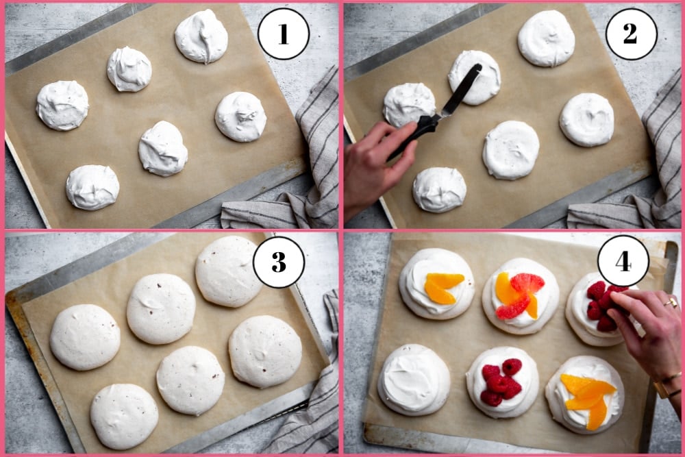 Process shot divided into four quadrants showing how to bake and assemble the pavlovas. 