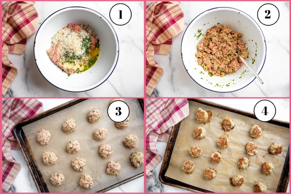 Process shot divided into four quadrants, showing how to make baked turkey meatballs.
