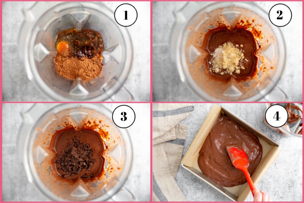 Process shot divided into four quadrants showing the steps for making the black bean brownies recipe.