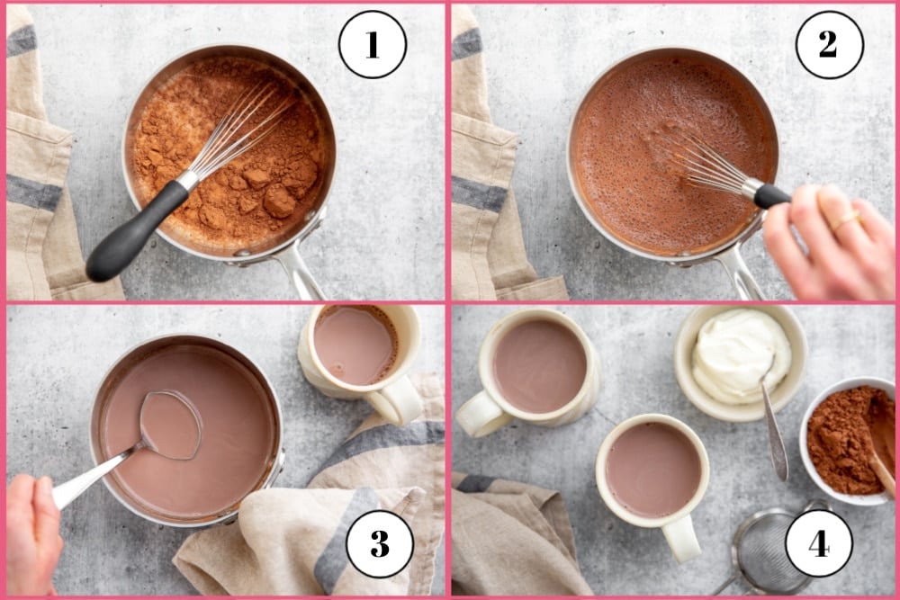 Process shot divided into four quadrants showing the steps for making hot chocolate with cacao powder. 