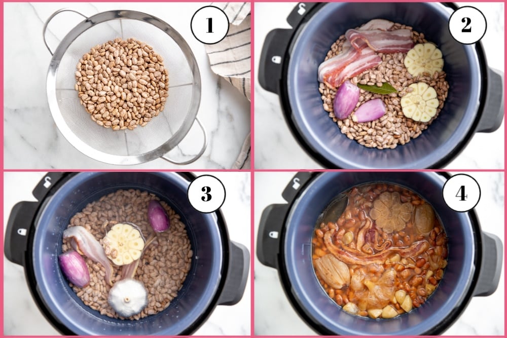 Process shot divided into four quadrants, showing the steps for making Instant Pot pinto beans.