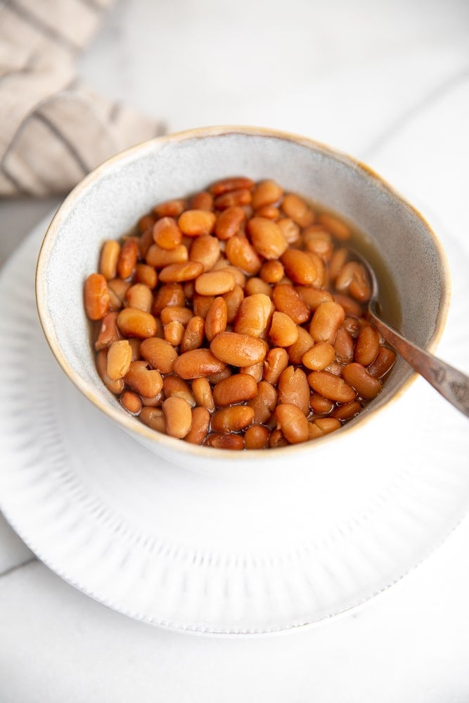 Close-up side view of a bowl of cooked pinto beans.