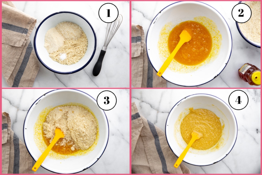Process shot divided into four quadrants showing the steps for making almond coconut cake. 