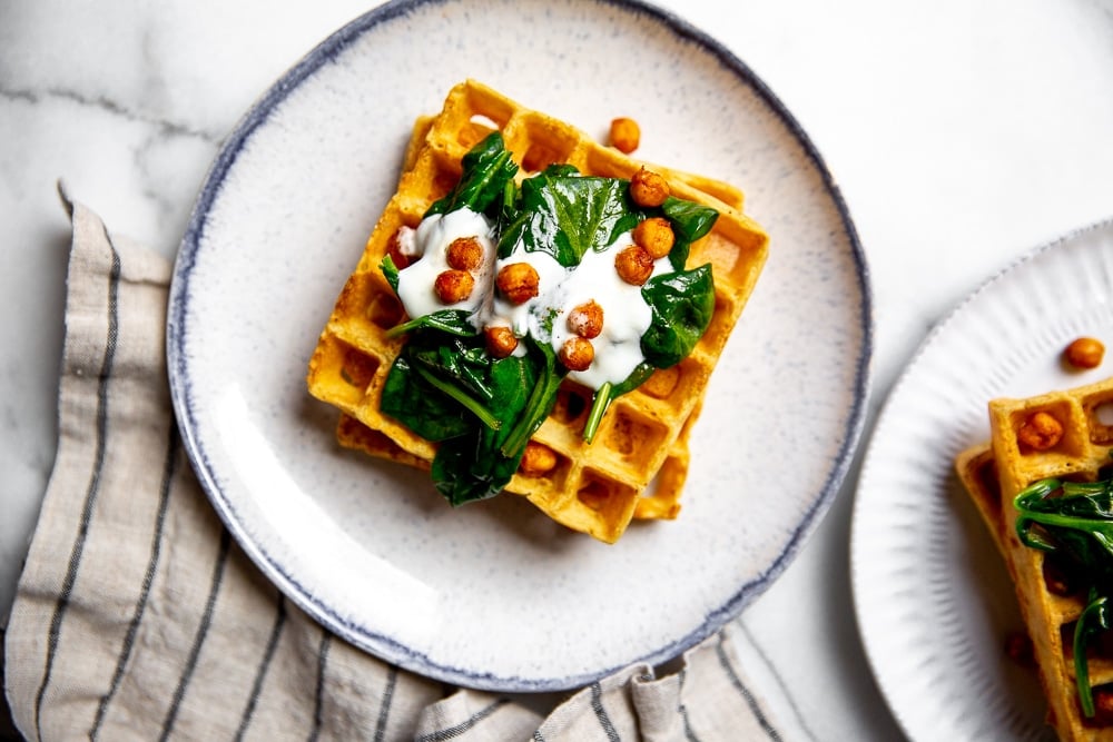 Chickpea waffles on a plate. 