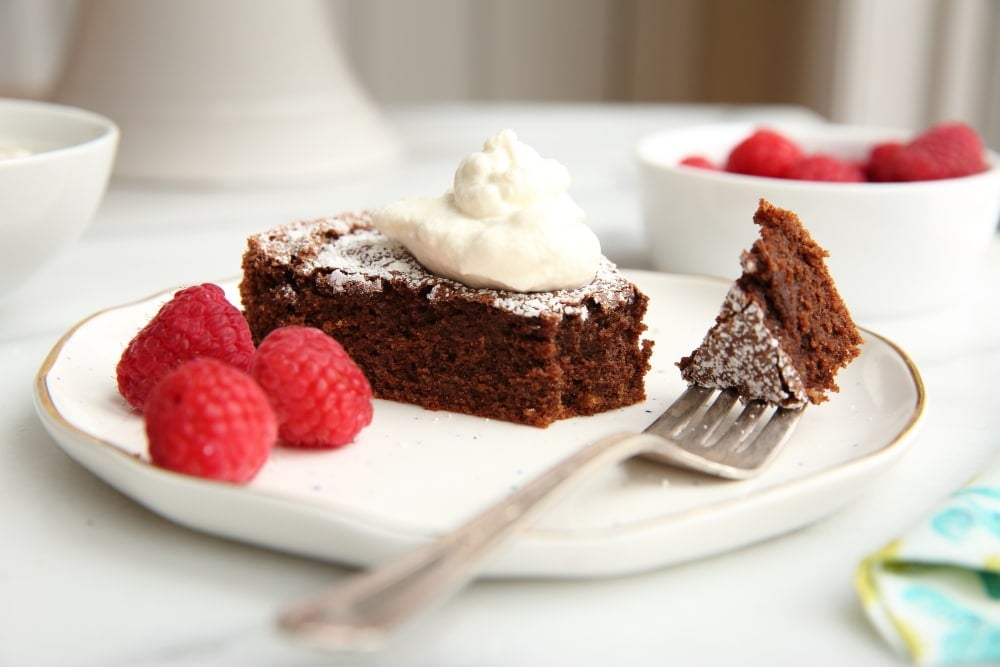 A slice of chocolate cake, showcasing easy pantry recipes.