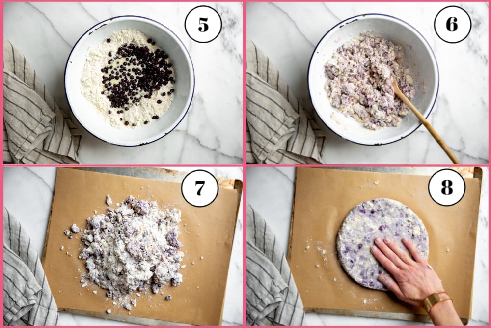 Process shot divided into four quadrants showing how to make gluten free scones. 