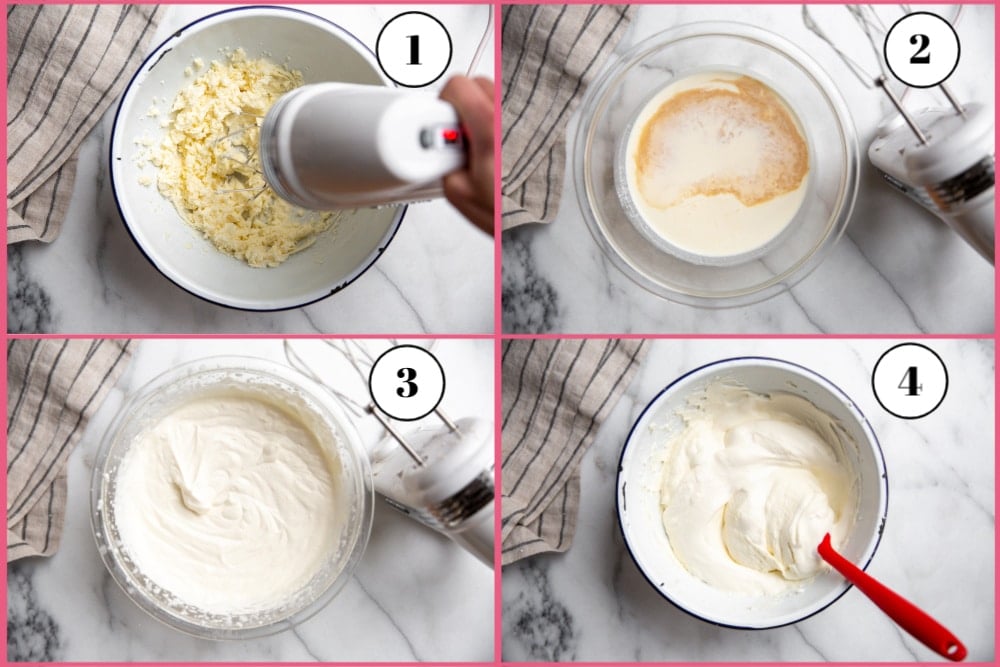 Process shot divided into four quadrants showing the steps for making the mascarpone filling. 