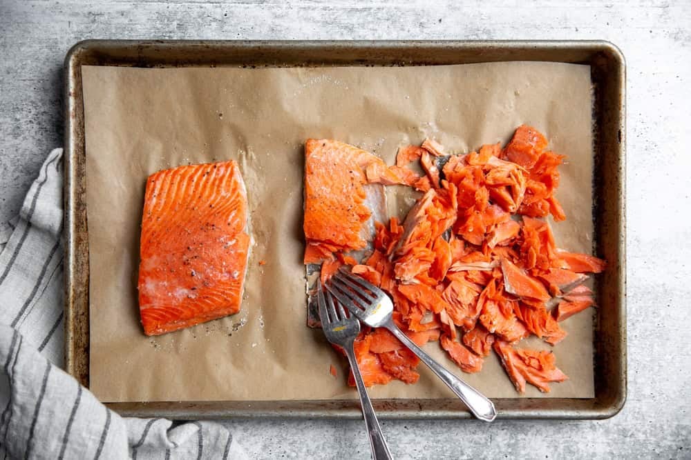 roasted salmon on a baking sheet
