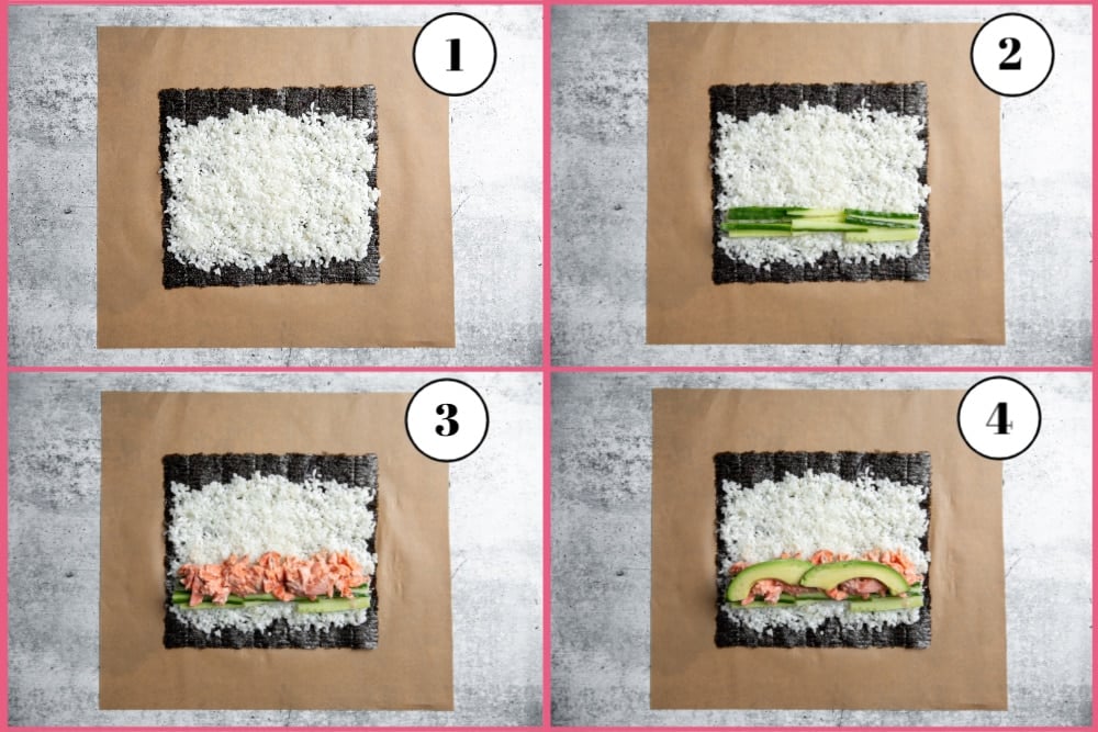 Process shot divided into four quadrants showing the steps for making the spicy salmon sushi burrito recipe. 