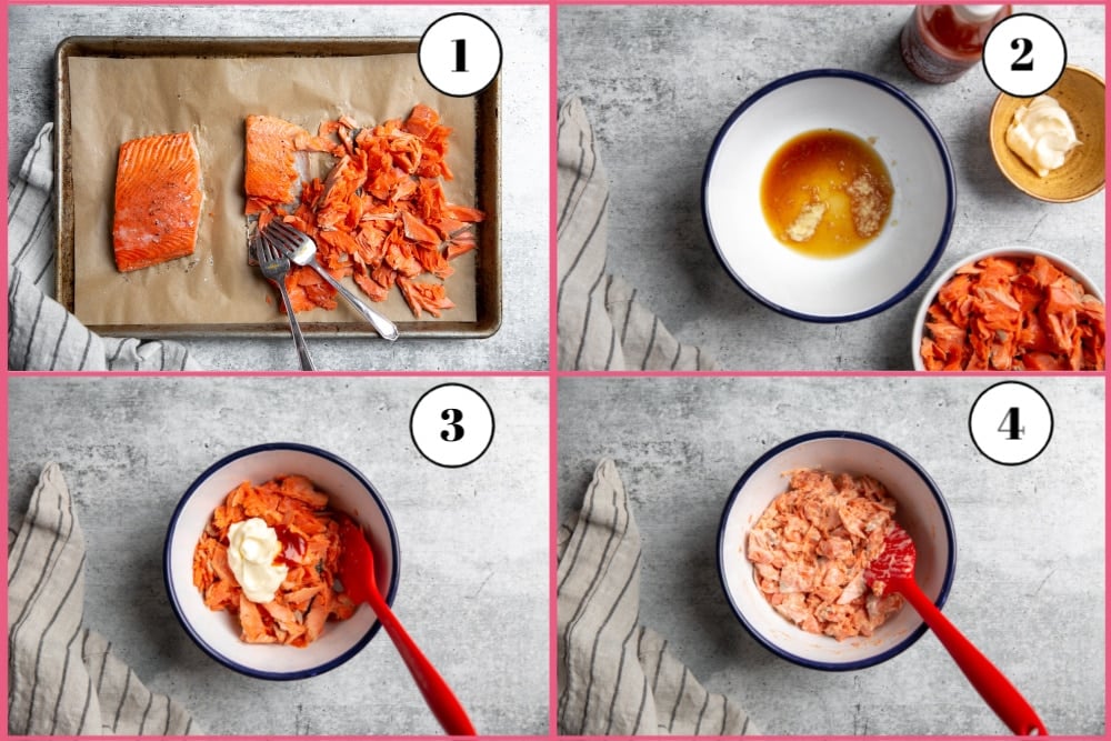 Process shot divided into four quadrants showing the steps for making the spicy salmon sushi filling recipe. 