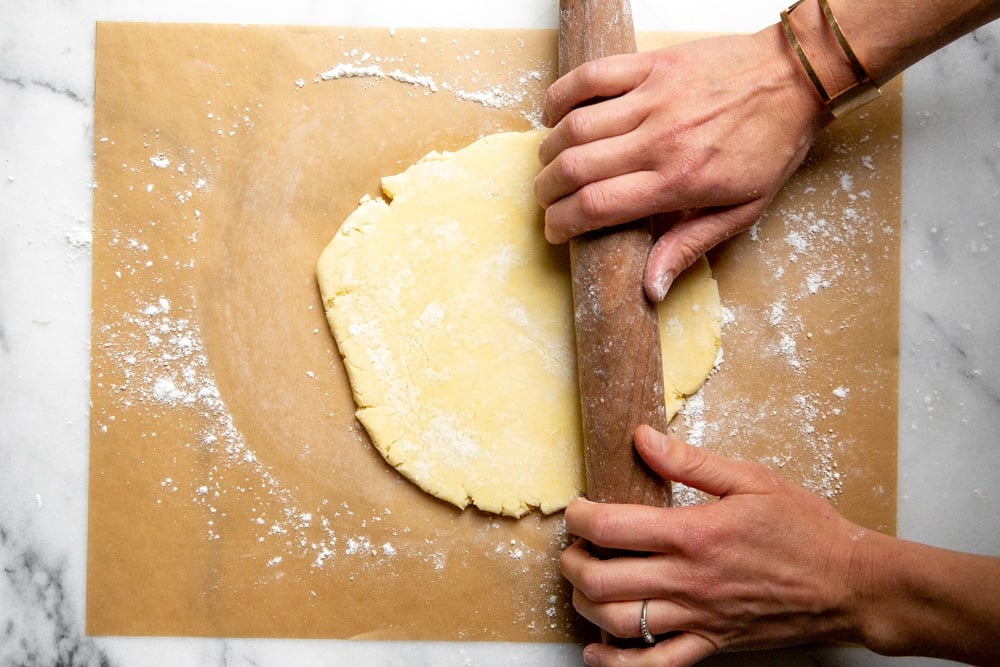 Hands rolling out a disk of pie dough on a piece of parchment paper. 