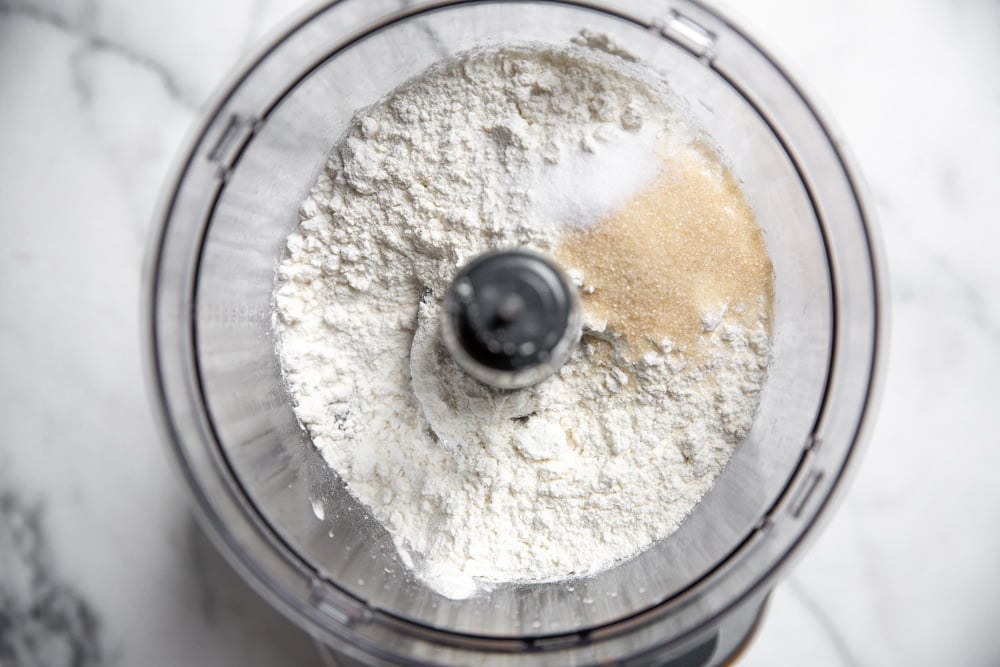 Gluten free flour, sugar and salt in the food processor. 
