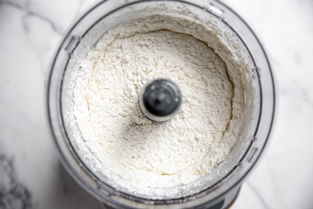 Gluten free flour, sugar and salt blended in the food processor.