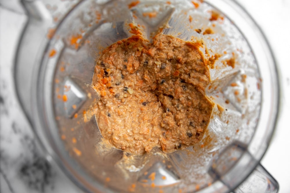 Process shot showing the final carrot cake batter in a Vitamix blender. 