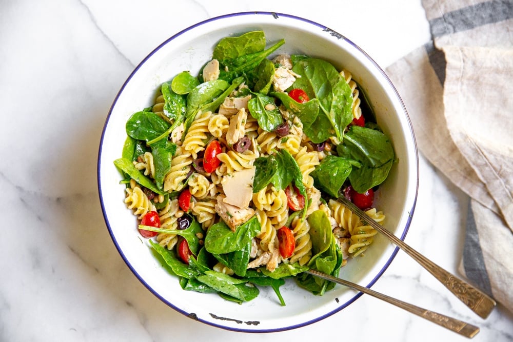 Healthy tuna pasta salad in a large bowl. 