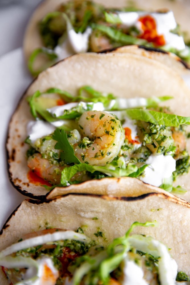 Close up of shrimp tacos with cilantro lime pesto.
