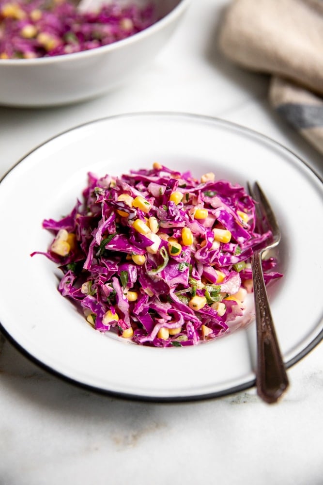 Close up of red cabbage coleslaw in a bowl with a fork.