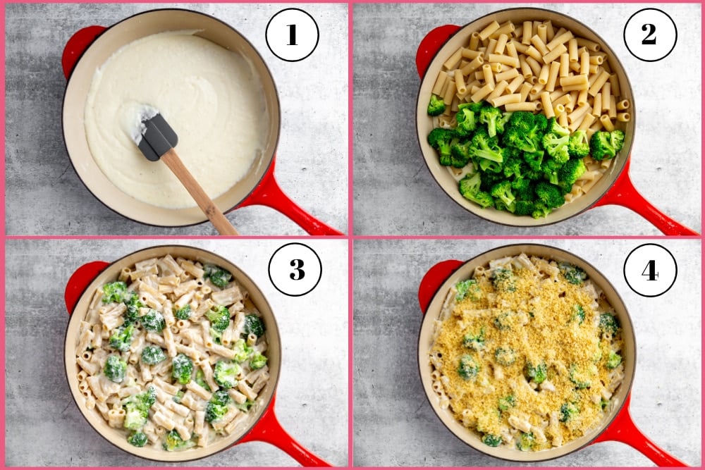 Process shot showing the steps for assembling the creamy pasta bake.