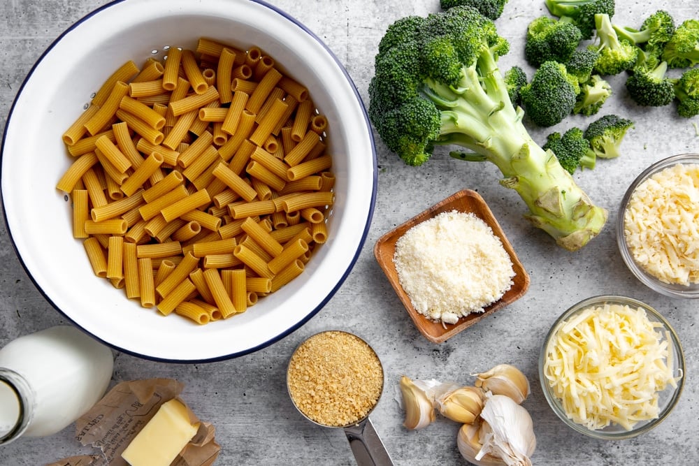 Overhead shot of all of the ingredients that go into the creamy pasta bake. 