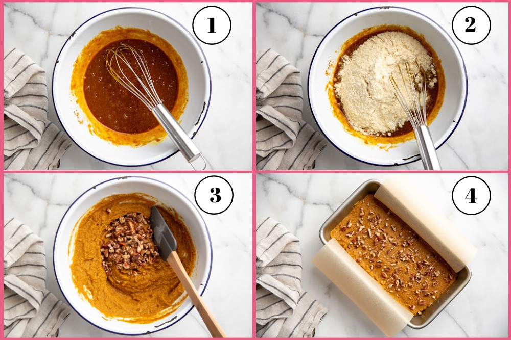 Process shot divided into four quadrants showing the steps for making paleo pumpkin bread. 