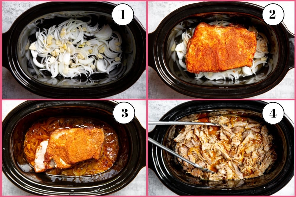 Process shot divided into four quadrants, showing the steps for making bbq pulled pork. 