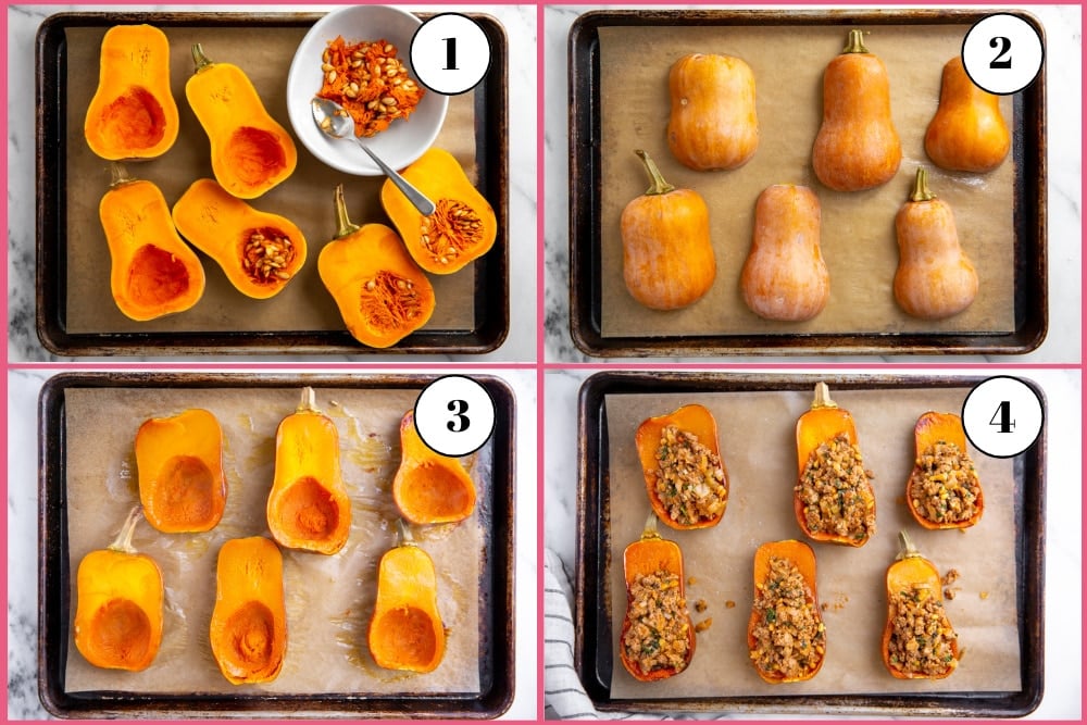 Process shot divided into four quadrants showing how to roast honeynut squash. 