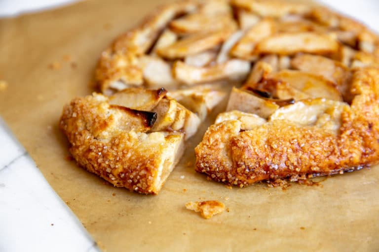 Close up of the gluten free pie crust of an apple galette