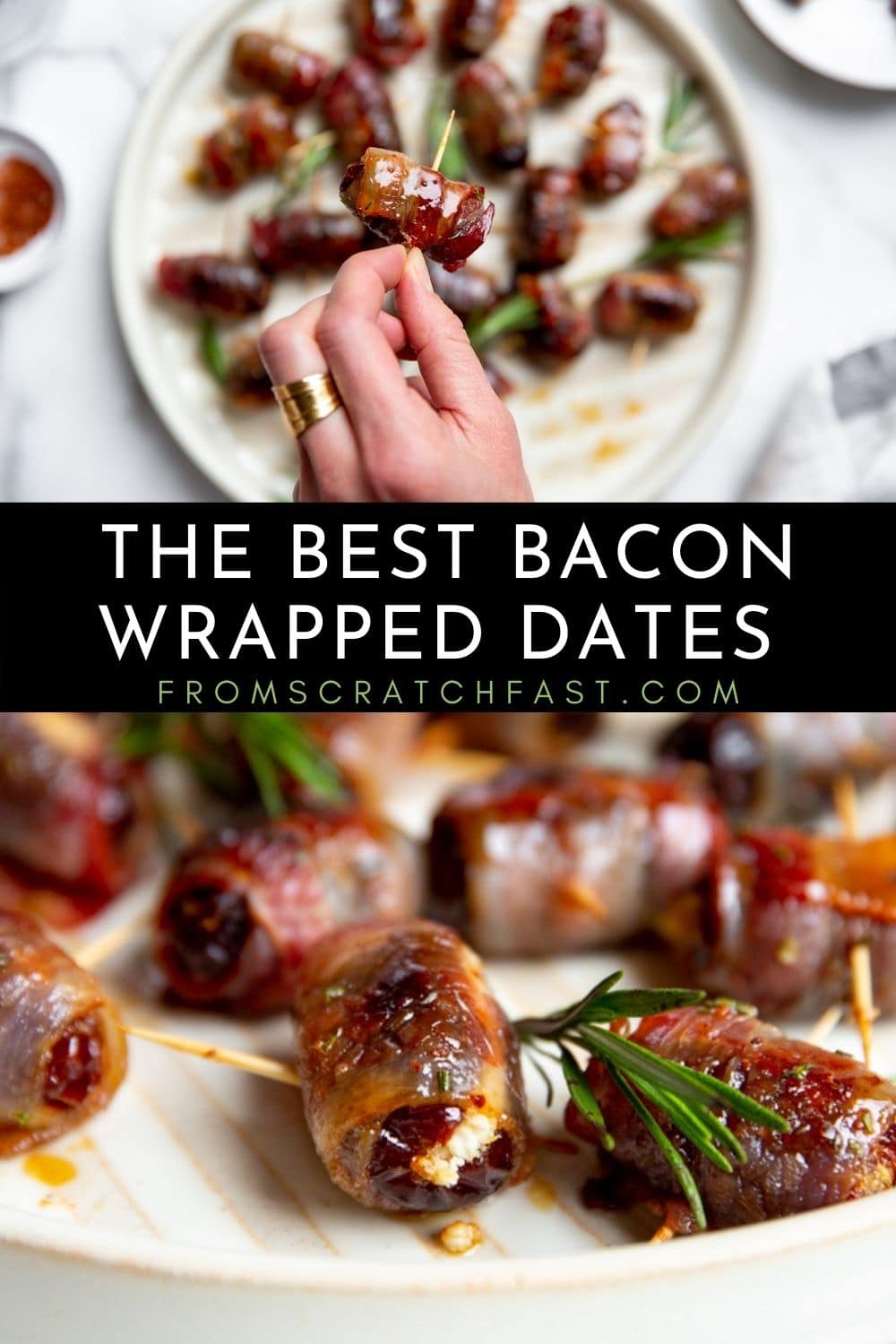 Bacon wrapped dates on a plate.