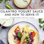Two frames, showing cilantro yogurt sauce in a bowl and drizzled over tacos.