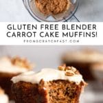 Two frames, one showing carrot cake muffin batter in a Vitamix and the other showing a healthy carrot cake muffin with a bite taken out.