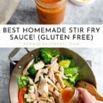Two frames with one showing a jar of homemade stir fry sauce and the other showing a hand pouring the stir fry sauce into a wok.