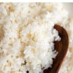 Close up of a bowl of sushi rice with a wooden spoon.