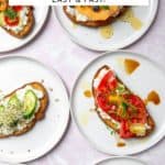 Six different cottage cheese toasts on plates.