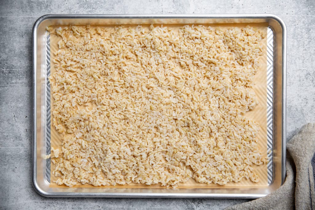 Cooked brown rice spread out on a parchment lined baking sheet. 