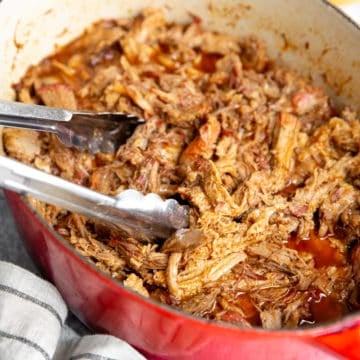 Close up of Traeger pulled pork in a pot.