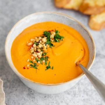Romesco sauce in a bowl with a spoon, topped with parsley, pine nuts and paprika.