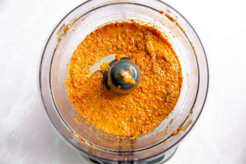 Roasted red pepper in a food processor.