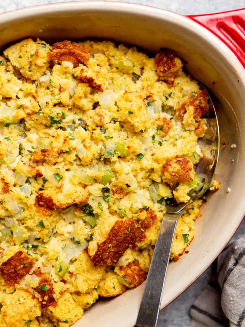 Gluten free cornbread stuffing in a baking dish.