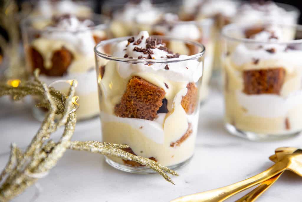 A trifle with vanilla pudding, gingerbread, whipped cream and English toffee. 