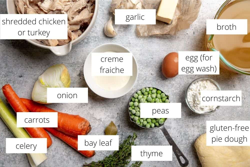 All of the ingredients for the chicken or turkey pot pie recipe arranged on a surface with labels.