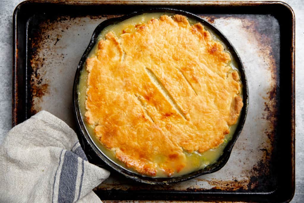 The cooked pot pie on a baking sheet. 