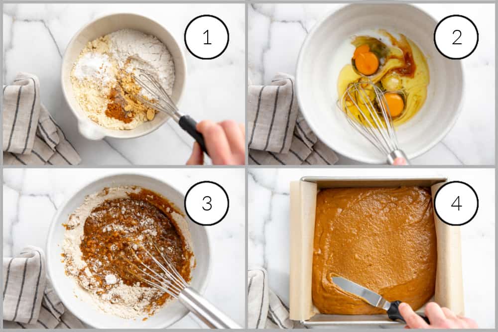 Process shot divided into four frames showing how to make the easy gingerbread cake recipe. 