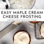 Maple cream cheese frosting in a bowl and on cupcakes.