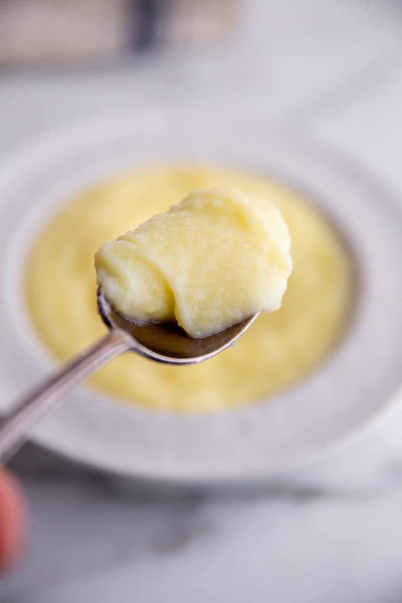 Close-up of a spoonful of the homemade mashed potatoes.