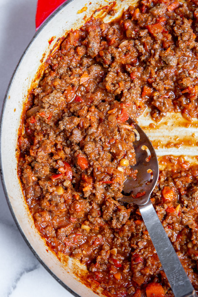 Close up of the sloppy joes in a skillet. 