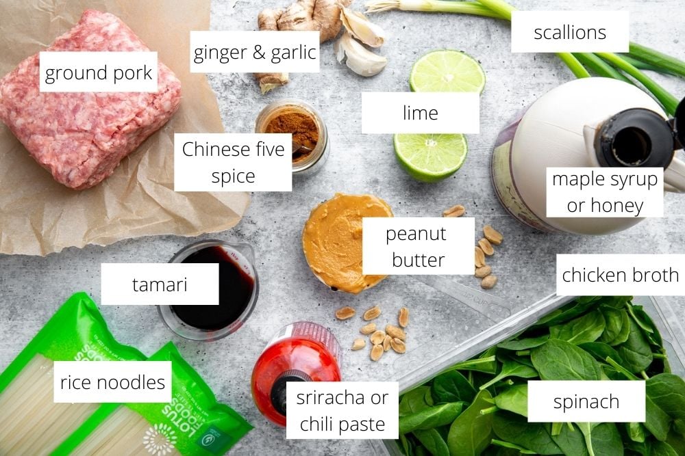All of the ingredients for the peanut pork noodles recipe arranged on a surface with labels.