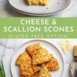 Two frames, one showing cheese scones on a plate and one showing a cheese scone with a bite taken out.